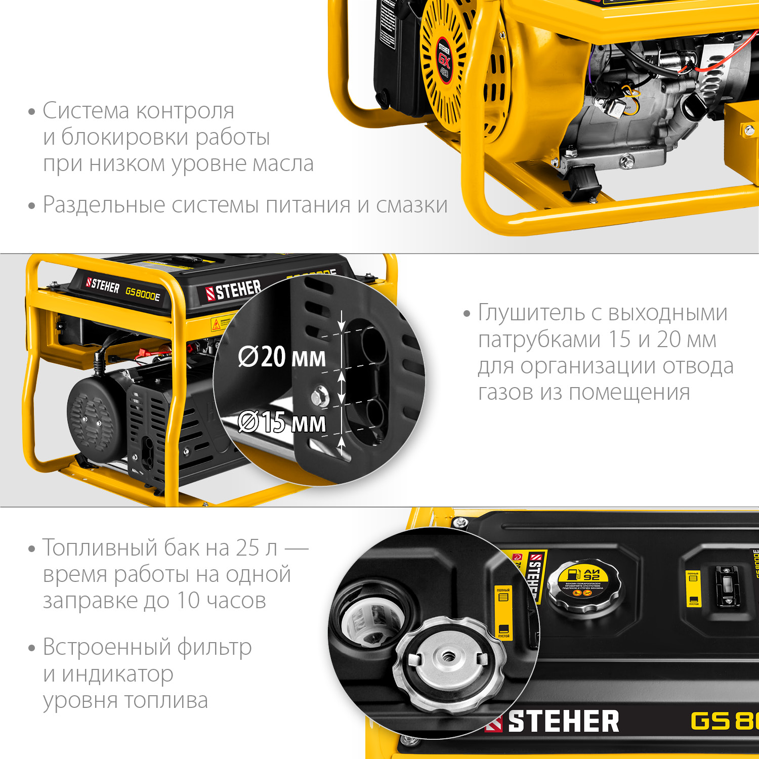 STEHER 7000 Вт, бензиновый генератор с электростартером (GS-8000E)