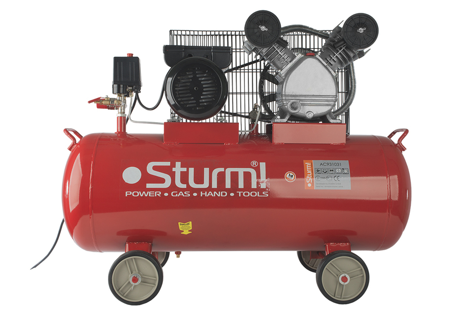 Компрессор воздушный масляный Sturm! AC931031, 2,4кВт, 370 л/мин, ресивер 100 л,  ременной привод