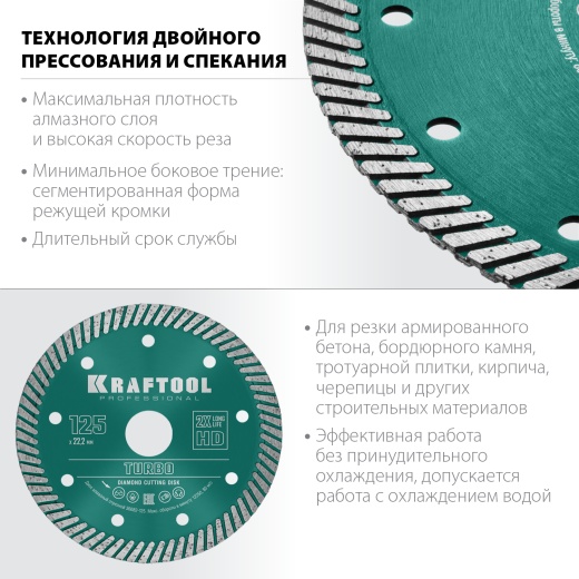 KRAFTOOL TURBO 125 мм (22.2 мм, 10х2.4 мм), алмазный диск (36682-125)